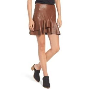 Soprano Ruffle Hem Faux Leather A-Line Mini Skirt Medium in Espresso Brown